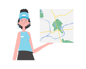 The girl is holding a map. Cartoon style character is depicted to the waist.  