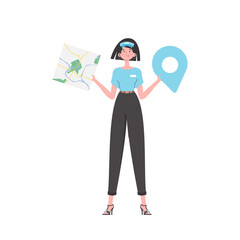 Girl water delivery operator holding a map. The character is depicted in full growth.    