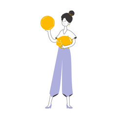 A woman holds a coin and a piggy bank in her hands. The theme of saving money. Linear style.    