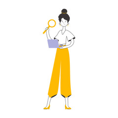A woman holds a magnifying glass and a laptop in her hands. Job Search Theme. H.R. Linear modern style.    