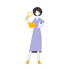 A woman holds a magnifying glass and a laptop in her hands. Job Search Theme. H.R. Linear style.    