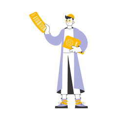 The guy is holding a ticket and a passport. Travel theme. Linear style.    
