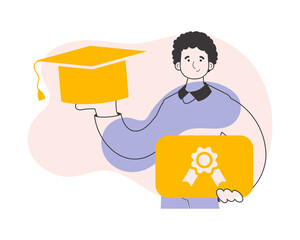 The guy is a university graduate holding a diploma. Line art style. 