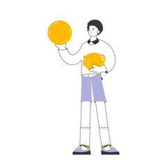 The guy holds a coin and a piggy bank in his hands. The theme of saving money. Linear style.    