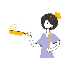 The girl the cook holds a frying pan. Linear style.    