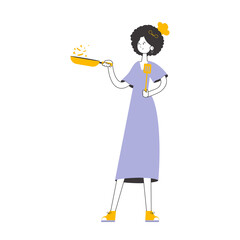 The woman cook is holding a frying pan. Linear style.    