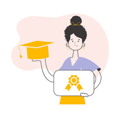 The girl is a university graduate holding a diploma. Line art style. 