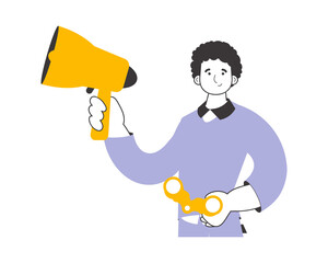 The guy holds a mouthpiece and binoculars in his hands. Job Search Theme. H.R. Linear modern style.    