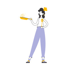 The girl the cook holds a frying pan. Linear trendy style.    