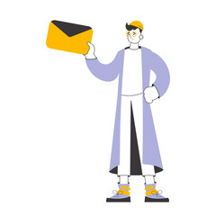 A man holds an envelope or a letter in his hands. Line art style.  