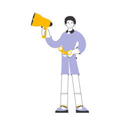 A man holds a mouthpiece and binoculars in his hands. Job Search Theme. H.R. Linear modern style.    