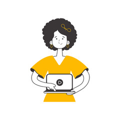 Girl Holds a laptop and presses play. Linear trendy style. 