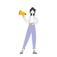 A woman holds a bullhorn and binoculars in her hands. Job Search Theme. H.R. Linear modern style.    