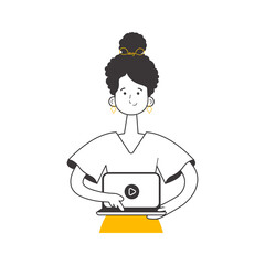 Girl Holds a laptop and presses play. Line art style.  