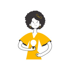 Girl and light bulb. Idea concept.    Line art style.