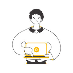 The guy is holding a laptop and pressing play. Linear trendy style. 