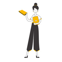 The girl is holding a book and a laptop in her hands. Line art style.   