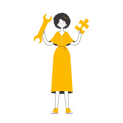 The girl is holding a wrench and a puzzle. Teamwork theme. Linear trendy style.    