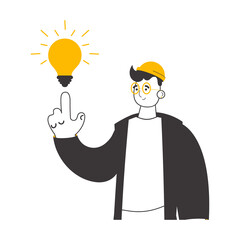 Man and light bulb. Idea concept.    Linear trendy style.
