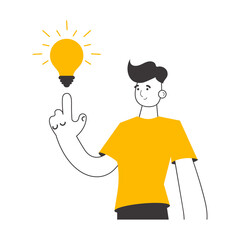 Man and light bulb. Idea concept.    Line art style.