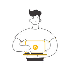 The guy is holding a laptop and pressing play. Line art style. 