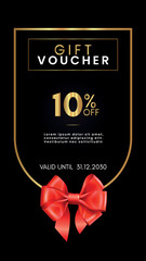 10% off coupon gift voucher template with red bow and gold decorative frames on black background. Premium design for discount cards, discount labels, coupon code, gift certificate, summer sale.