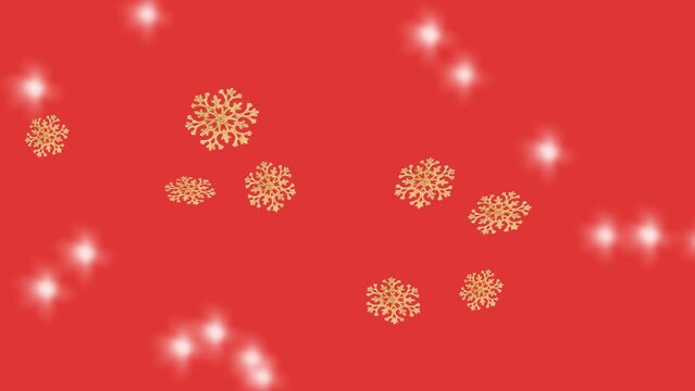 Flying golden snowflakes and blinking lights on red background . Stop motion animation holidays concept