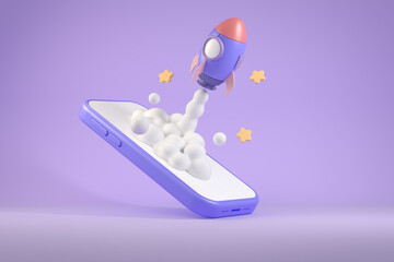 3d Rendering Modern Minimal Startup Business Success Concept Rocket Jet Speed On Mobile Phone Purple Pastel Backgrounds