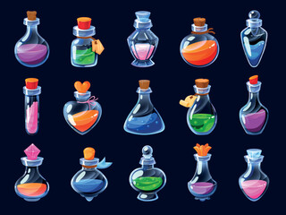 Game potion. Cartoon elixir for strength mana and stamina, love potion poison and antidote in magic phials 2D game UI icon asset. Vector sprite interface elements set - obrazy, fototapety, plakaty