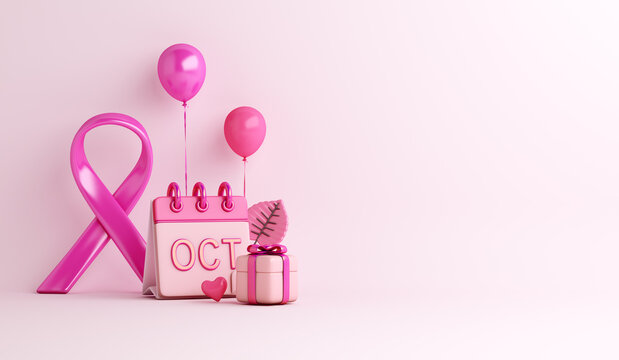 Breast cancer awareness month with ribbon, October calendar, gift box decoration background, copy space text, 3d rendering illustration