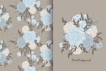 Flower bouquet with seamless pattern. Floral background set
