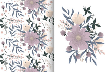 Flower bouquet with seamless pattern. Floral background set