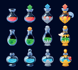 Game elixir. Cartoon GUI potion sprite asset of flasks and phials for life mana and strength for 2D game. Vector colorful potions from weak to strongest icon set - obrazy, fototapety, plakaty