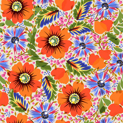 Fototapeta na wymiar Vector slavic floral seamless pattern with poppies and cornflowers, on light background.