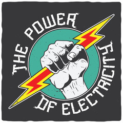 T-shirt or poster design with illustration of hand with lightning