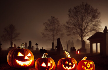 carved Halloween pumpkins glowing in dark foggy forest