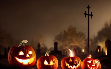 Fototapeta carved Halloween pumpkins glowing in dark foggy forest obraz