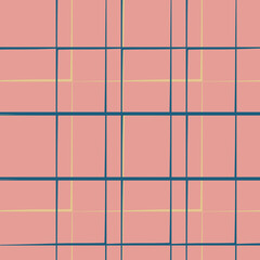 Checkered seamless vector pattern, abstract geometric texture. Stripes of blue and yellow on a pink background. Illustration for the design of textiles, wallpaper, wrapping paper