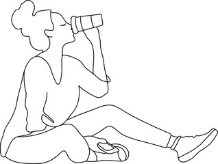 Line art Girl drinking coffee isolated on white background. Seated young girl drinking coffee. One continuous single drawn line art doodle woman girl drinks a hot drink