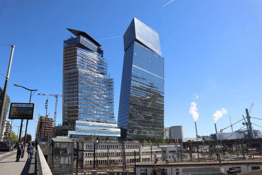 Paris, France - 04.17.2022: Duo Towers (Tours Duo), two skyscrapers, located in the 13th arrondissement of Paris, bordering the ring road and the southern suburbs