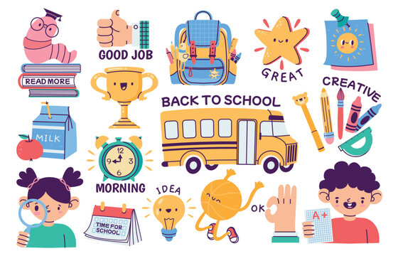 School stickers. Abstract bundle of stationery supply, cartoon daily routine planner sticker pack, colored education book reminder badges. Vector set
