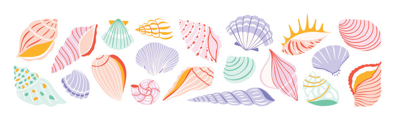 Collection of seashell illustrations in pastel colors. Vector flat illustration