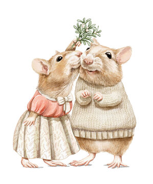 Watercolor Christmas vintage mouse hamster boy and mouse girl in sweater and dress clothes kissing under the mistletoe isolated on white background. Hand drawn illustration sketch