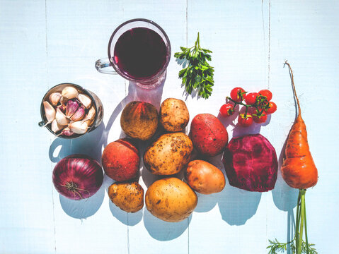 Products for autumn borscht lie on a white background. Preparation of borscht