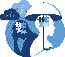 Mental health, antidepressants and depression psychology concept. Two man different states of consciousness mind - depression and positive mental health mood. 