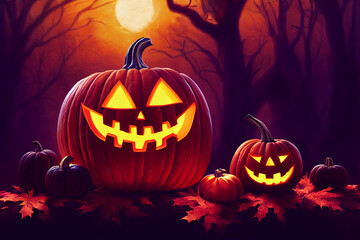 Jack 'O Lantern In Cemetery In Spooky Night With Full Moon Halloween