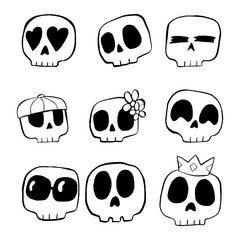 Vector illustration set of Skull cartoon line on white background.