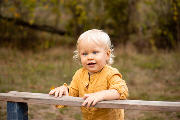 portrait of happy smiling baby boy in autumn park