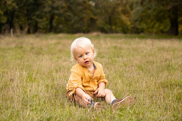 baby boy sitting in meadow in grass in autumn forest background with golden trees