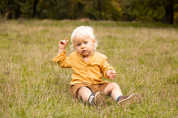 happy boy sitting in meadow and smiling in warm autumn or summer park with golden trees